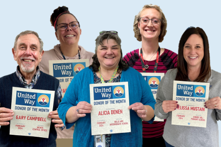 Blue Lion United Way Donors of the Month, February 2024. Gary Campbell, Alicia Denen, Melissa Mustain, Tracy Parks, Brandi Renick